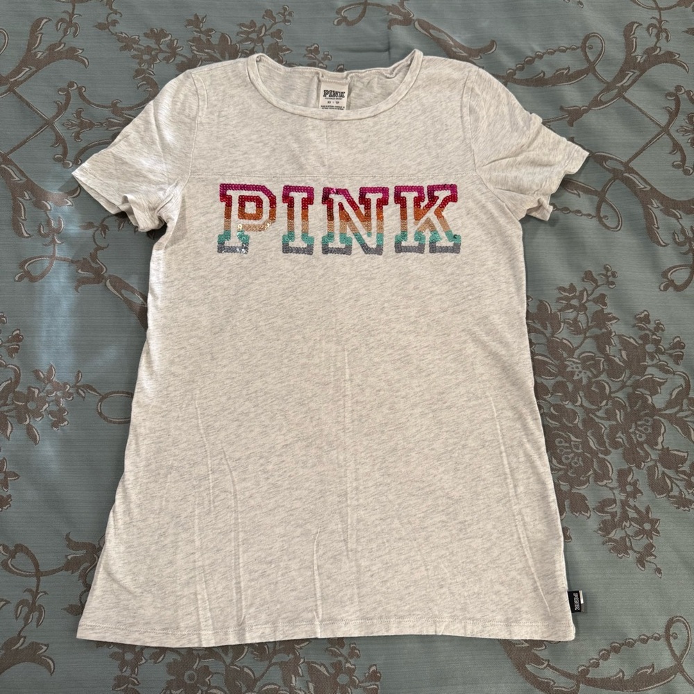 Victoria's Secret PINK Rainbow Bling Short Sleeve Gray White Tee Shirt Size XS
